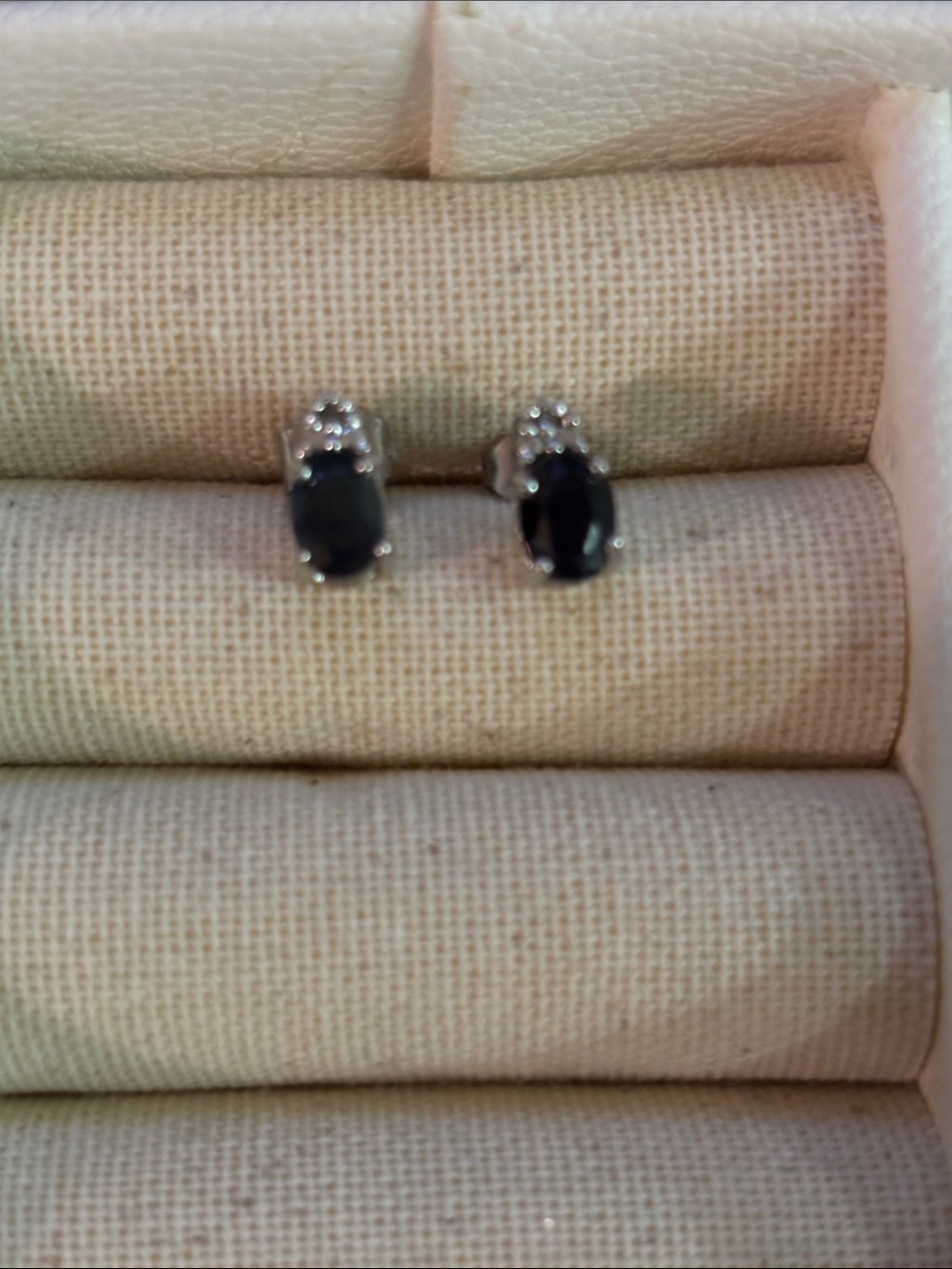 Silver Black Oval Stud Earrings with Clear Accents